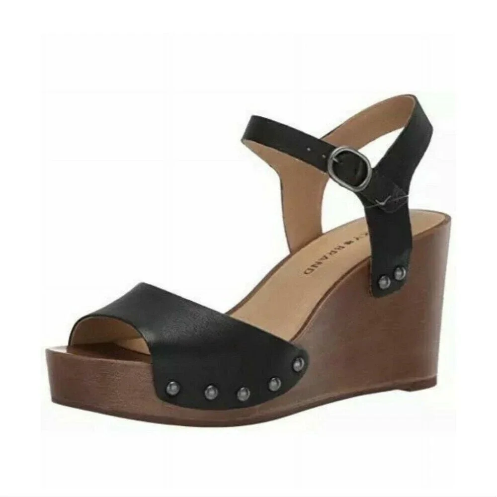 LUCKY BRAND Zashti Black Wedge Leather Studded Slingback Sandal Size‎ 10 NWOT